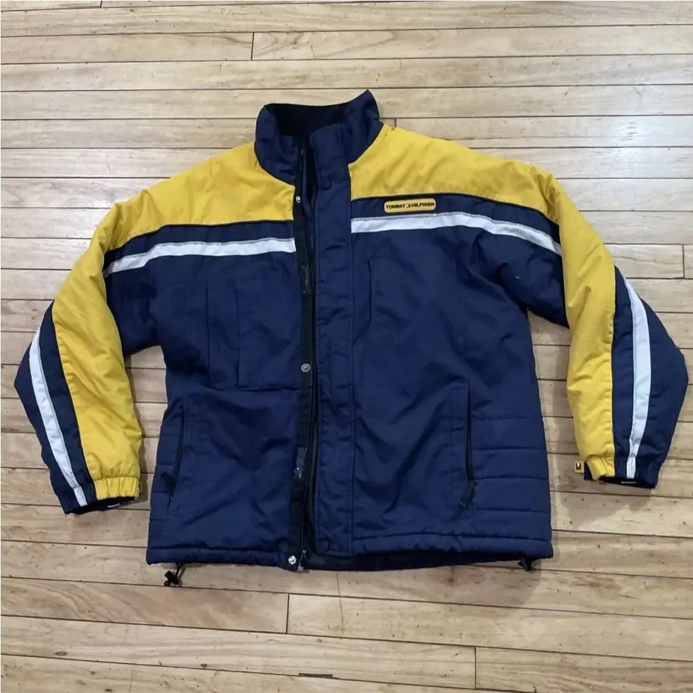 TOMMY HILFIGER Y2k Puffer Jacket Men XL Vintage Yellow Blue Heavy Snow Gorpcore